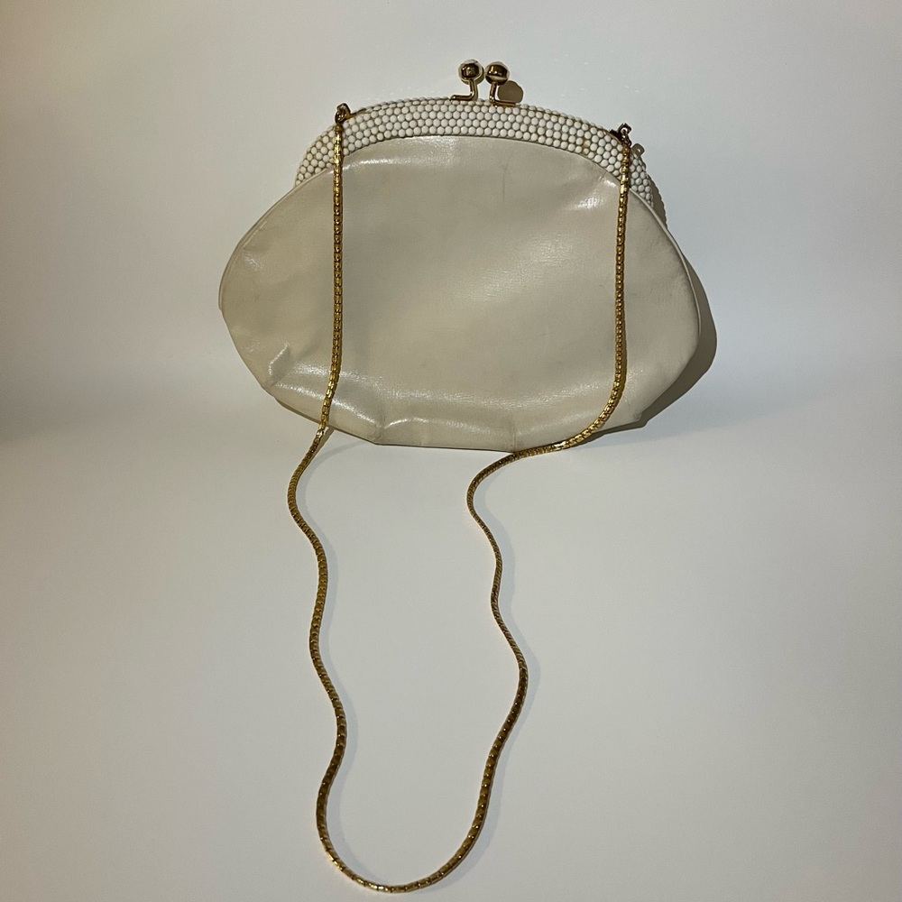 Vintage Judith Leiber Leather Clutch with Pearl Detail and Chain